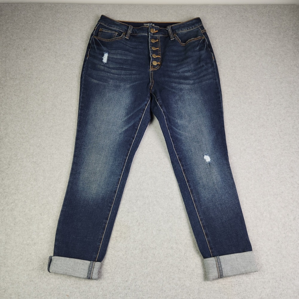 Time and Tru Jeans Womens 10 Blue High Rise Curvy Button Fly Distressed Cuffed